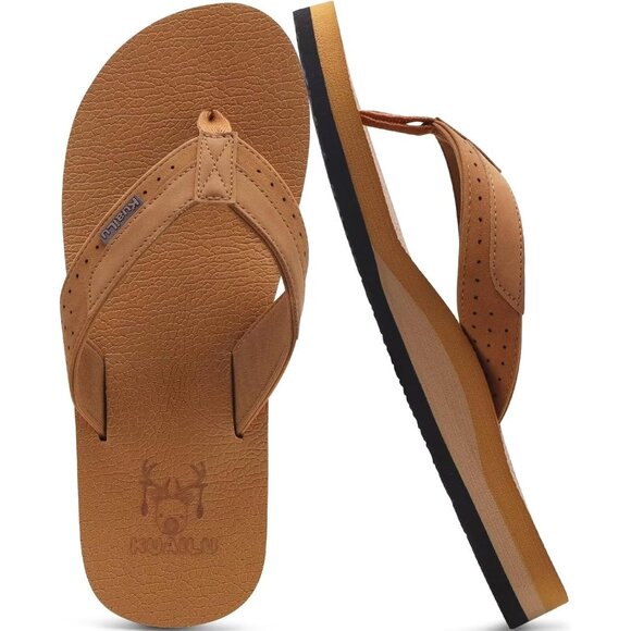 👑Men's Flip Flop Sandal Light Brown Leather Slip On Arch Support Comfort Shoes